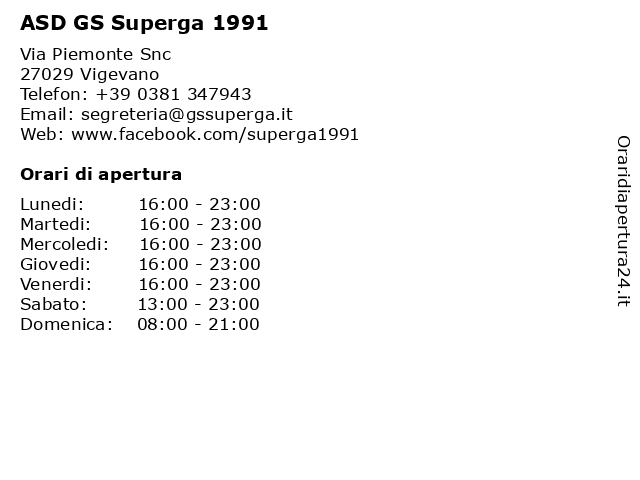 Orari di apertura ASD GS Superga 1991 Via Piemonte